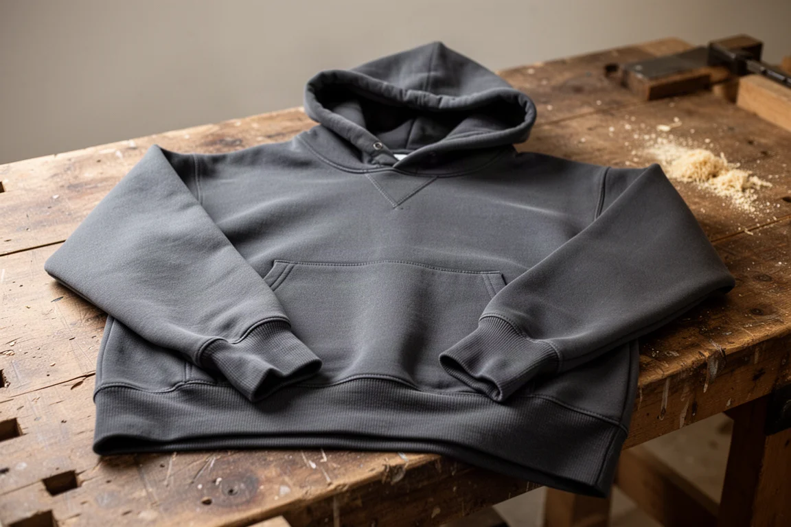 Schwerer Baumwoll-Hoodie flach auf einer Werkbank liegend