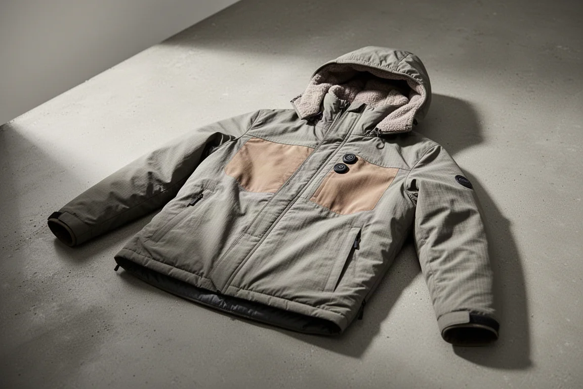 Lightweight ripstop heated jacket with hood laid out on concrete surface