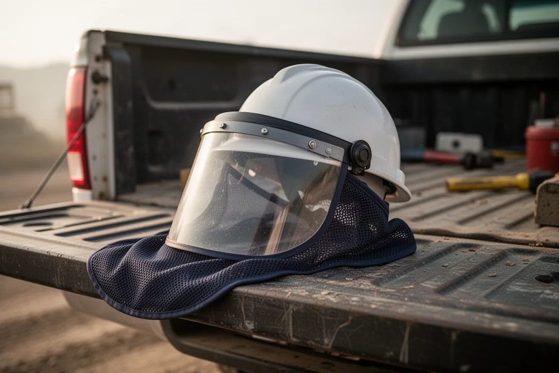 Kask z przyłbicą i siatkową osłoną karku ułożone na klapyce pickupa