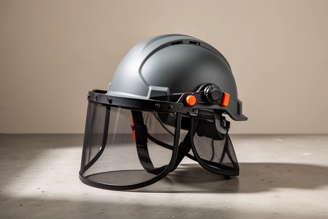 Casco Milwaukee BOLT con visiera e para collo su una superficie di cemento