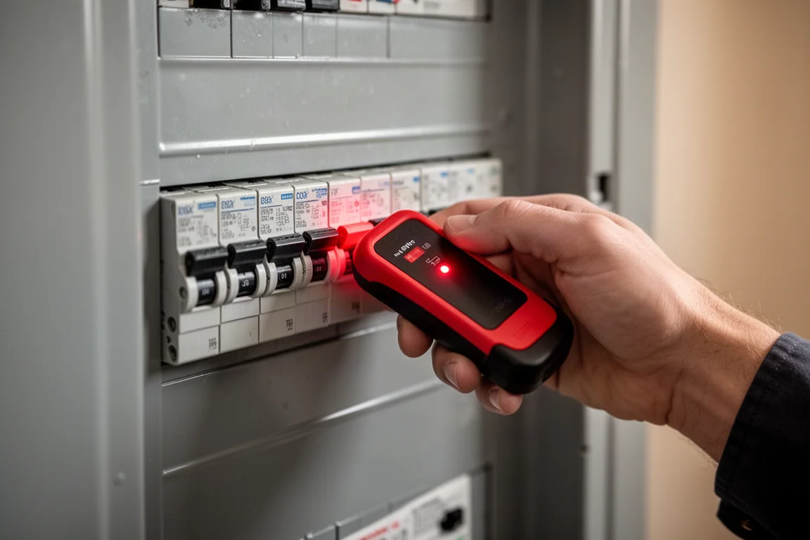 Herramienta localizadora de disyuntores sostenida sobre un panel eléctrico doméstico con LED encendido