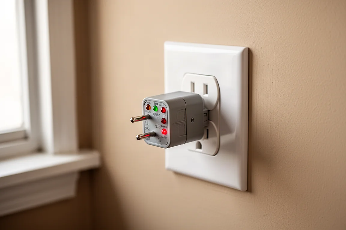Probador de enchufes insertado en una toma de pared mostrando las luces indicadoras de cableado