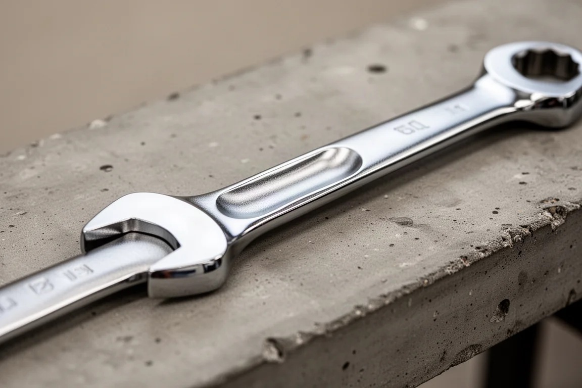 Close-up of a polished chrome combination wrench handle showing the I-beam depression