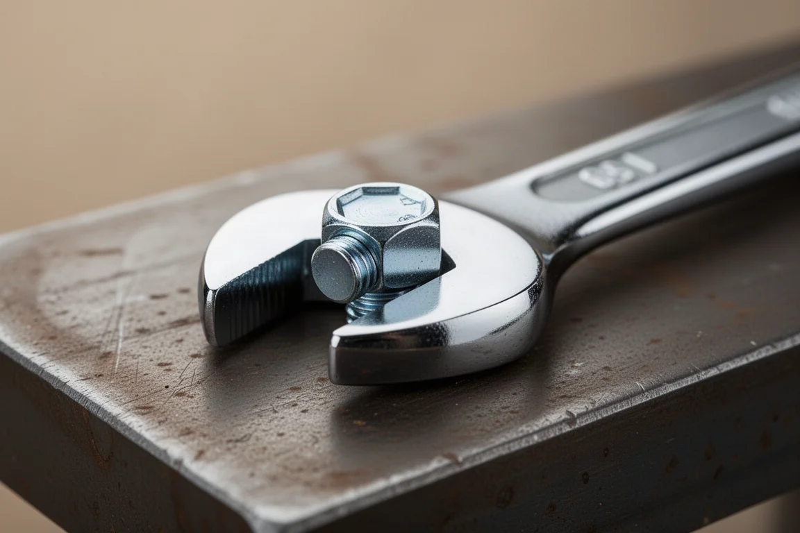 Open-end wrench jaws seated deeply on a hex bolt head on a workbench