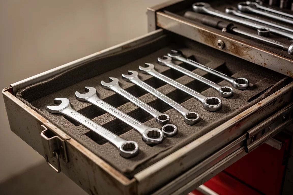 Wrenches laid out neatly in an open mechanic's toolbox drawer