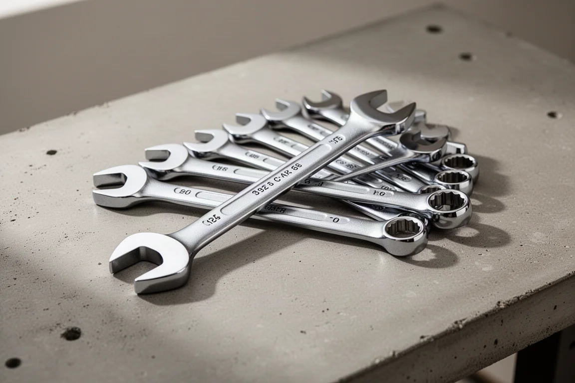 Set of chrome combination wrenches arranged in a fan on a concrete workbench