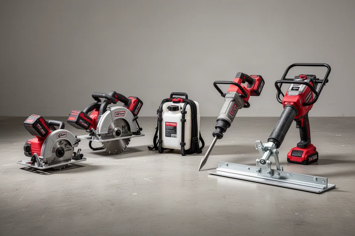 Lineup of five Milwaukee cordless concrete and masonry tools on a concrete floor