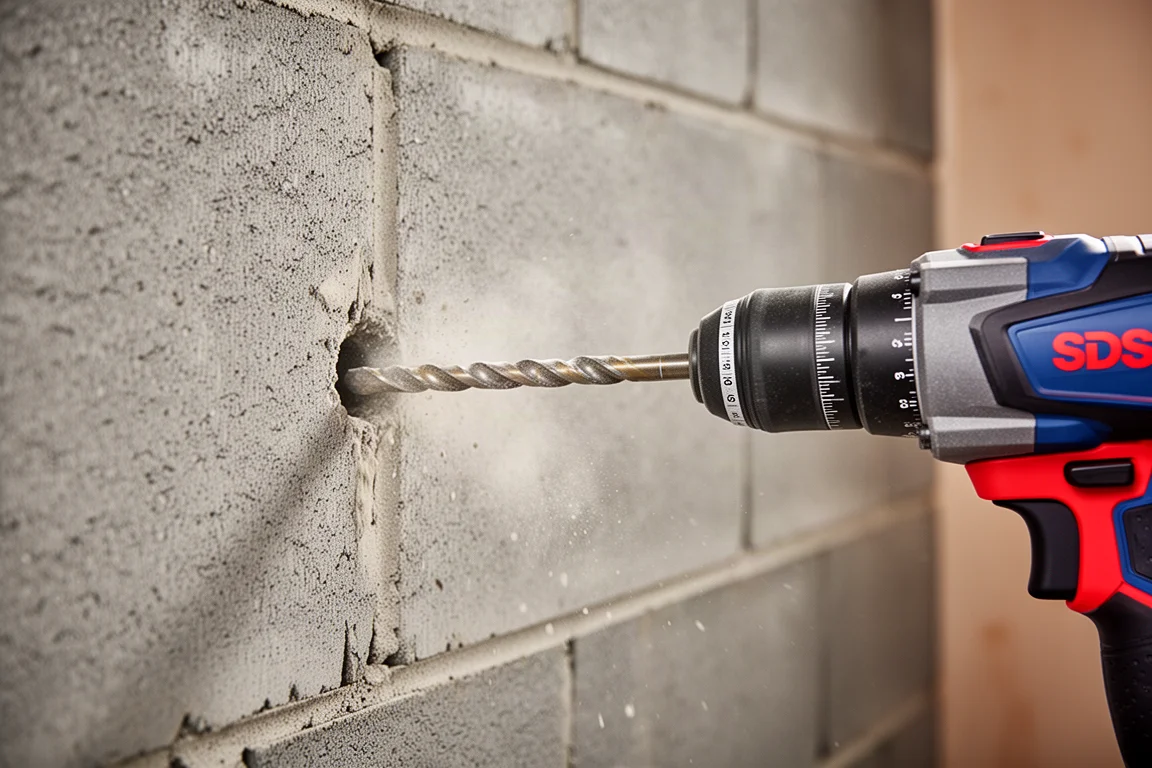 Bohrhammer bohrt in eine Betonblockwand, Staub dringt aus dem Loch