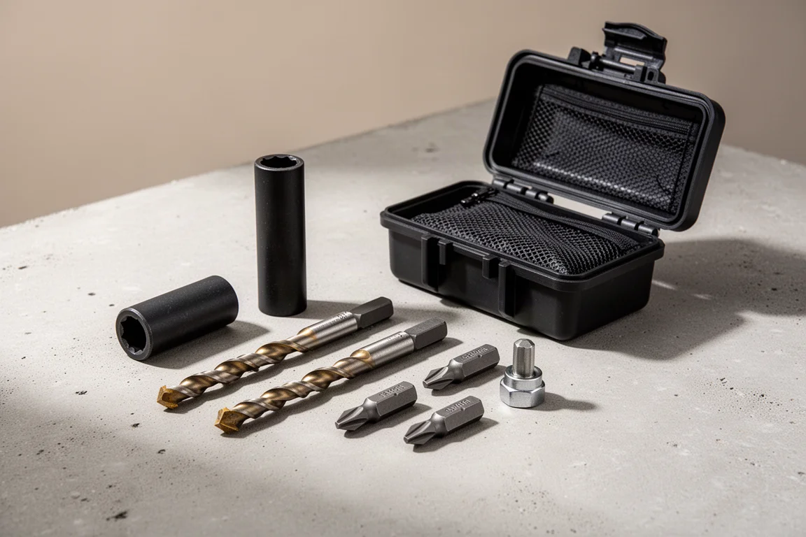 Masonry fastening kit with drive sleeve, bits, drivers, nut setter, and case on concrete