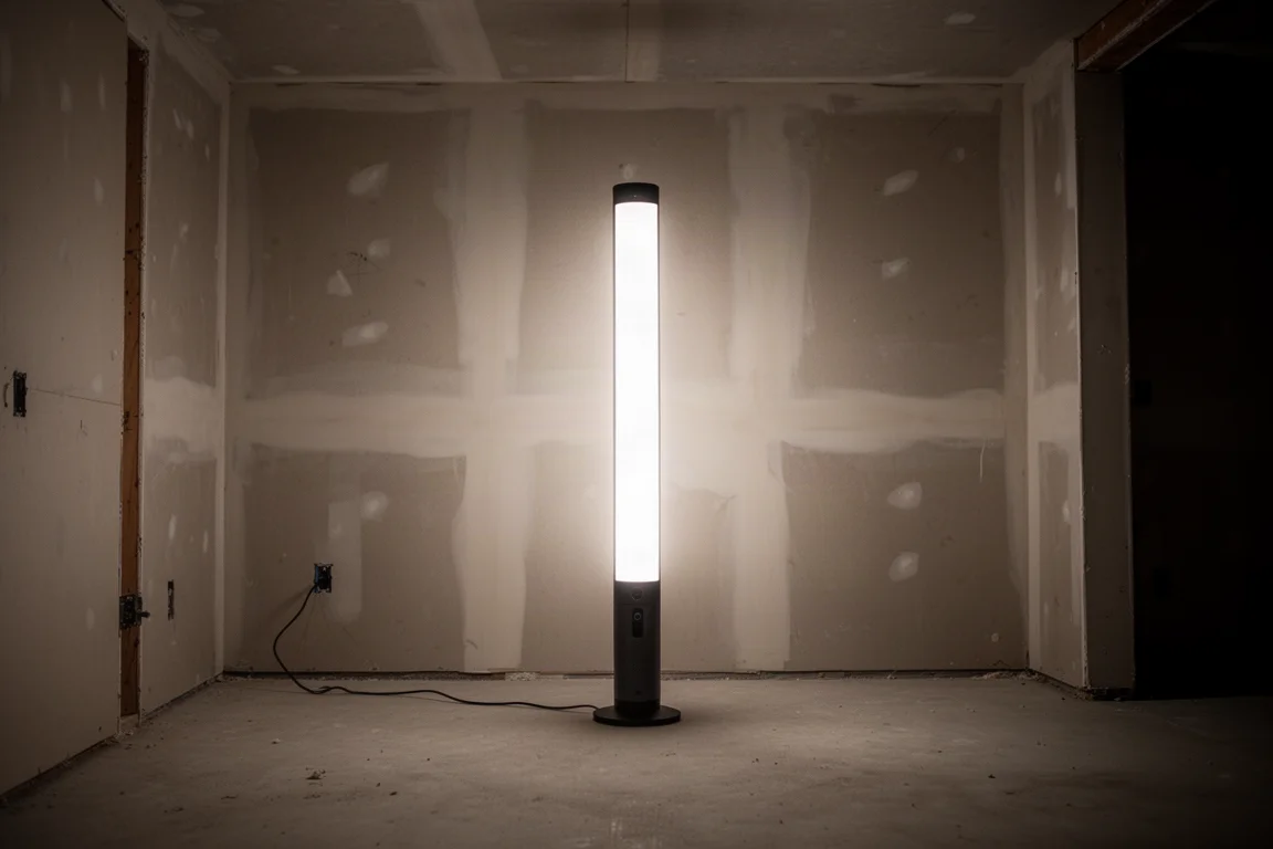 Torre de luz em pé em um ambiente escuro projetando iluminação ampla
