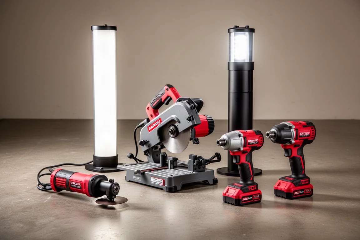 Collection of Milwaukee cordless power tools arranged on a workshop floor