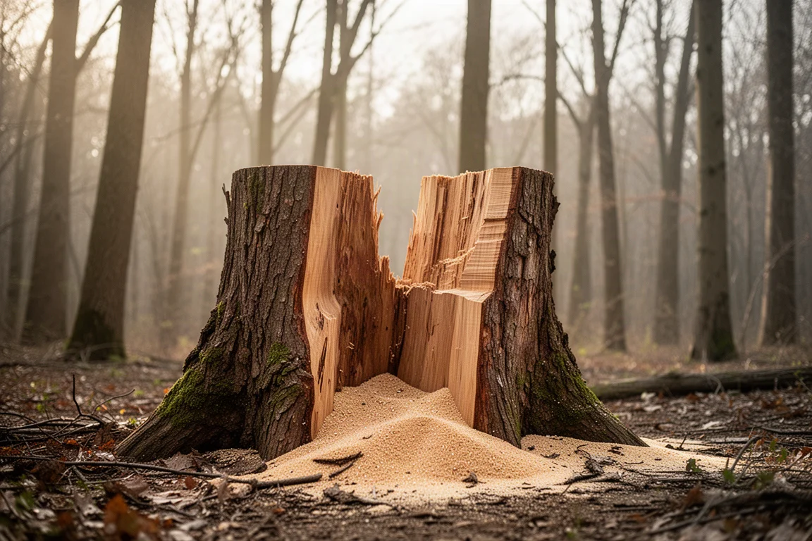 Motosega che taglia una grande ceppaia di legno duro in luce morbida