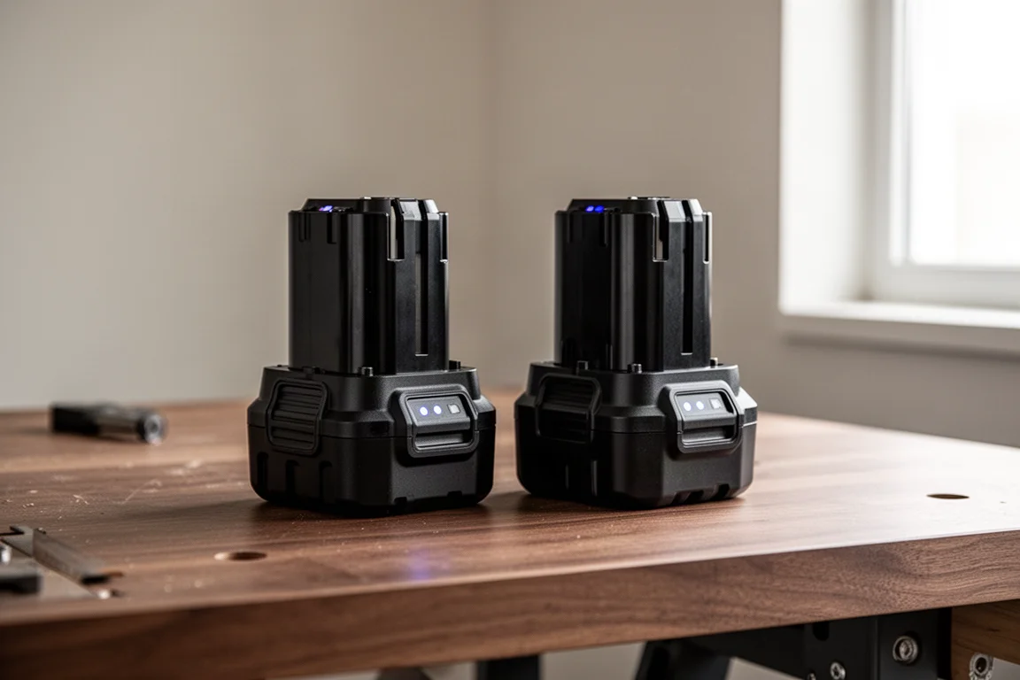 Due grandi pacchi batteria neri su una banco di lavoro in legno