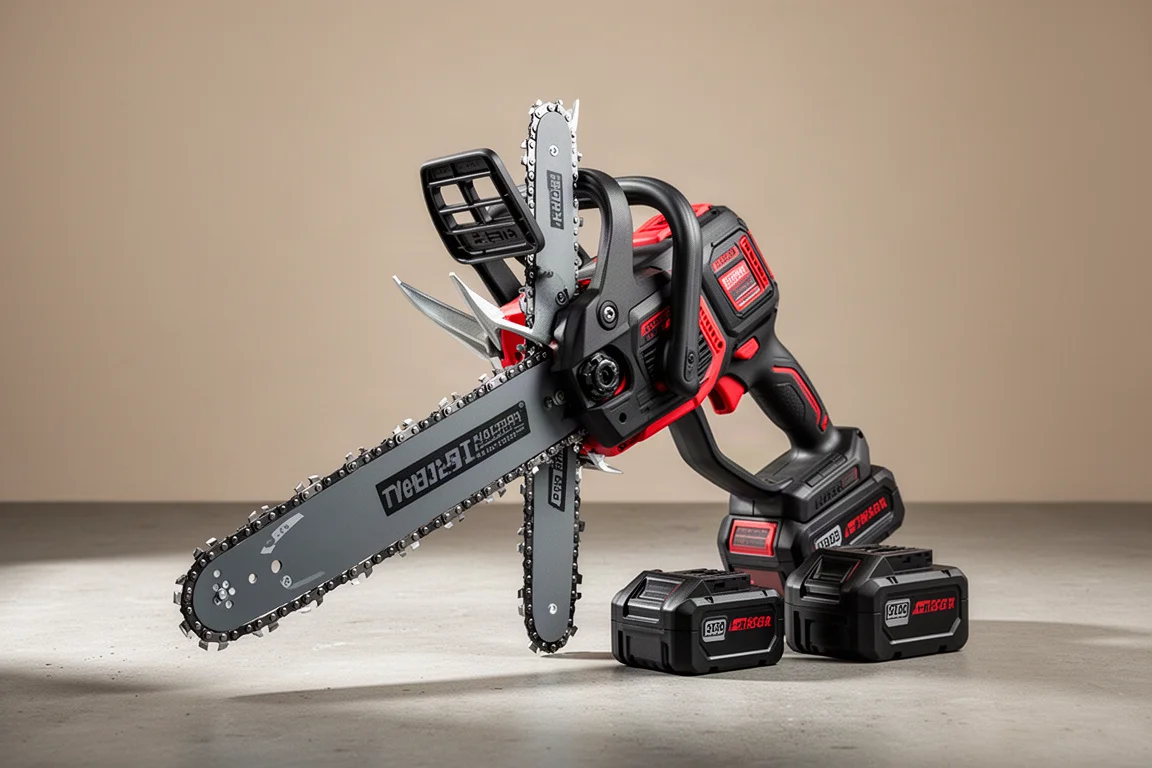 Cordless dual battery chainsaw standing on concrete with battery packs beside it