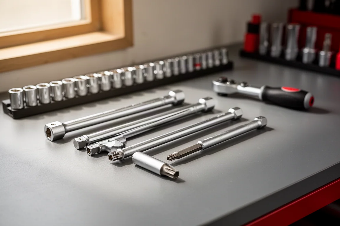 Embouts prolongés hexagonaux et Torx disposés sur l'établi d'un mécanicien