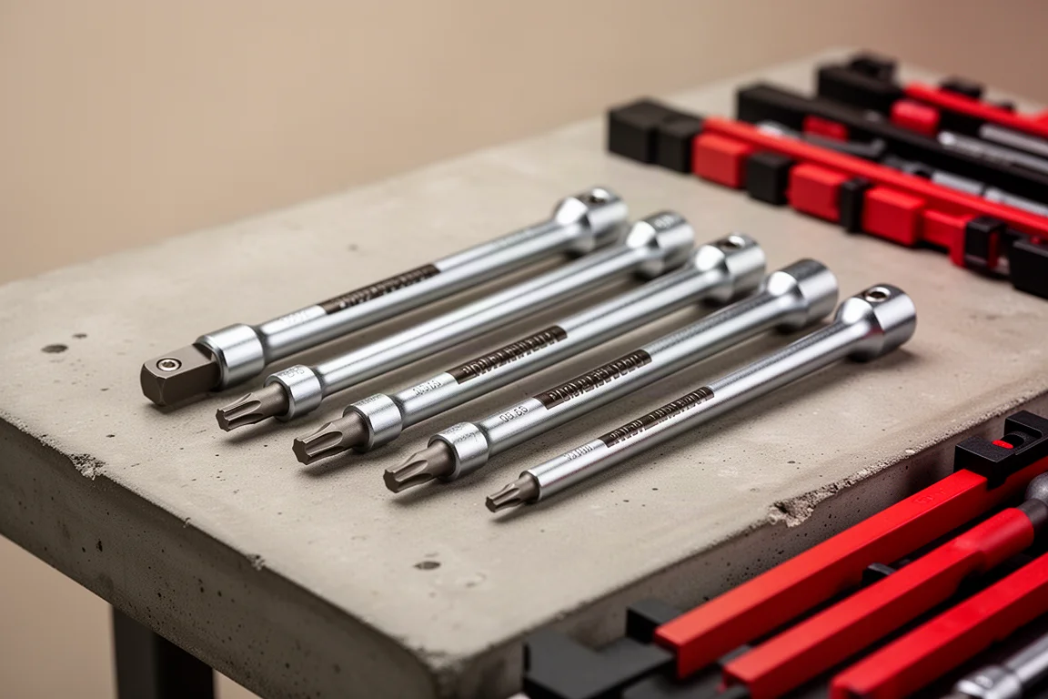 Set di punte esagonali e Torx allungate disposte su un banco da lavoro con barre di contenimento rosse e nere