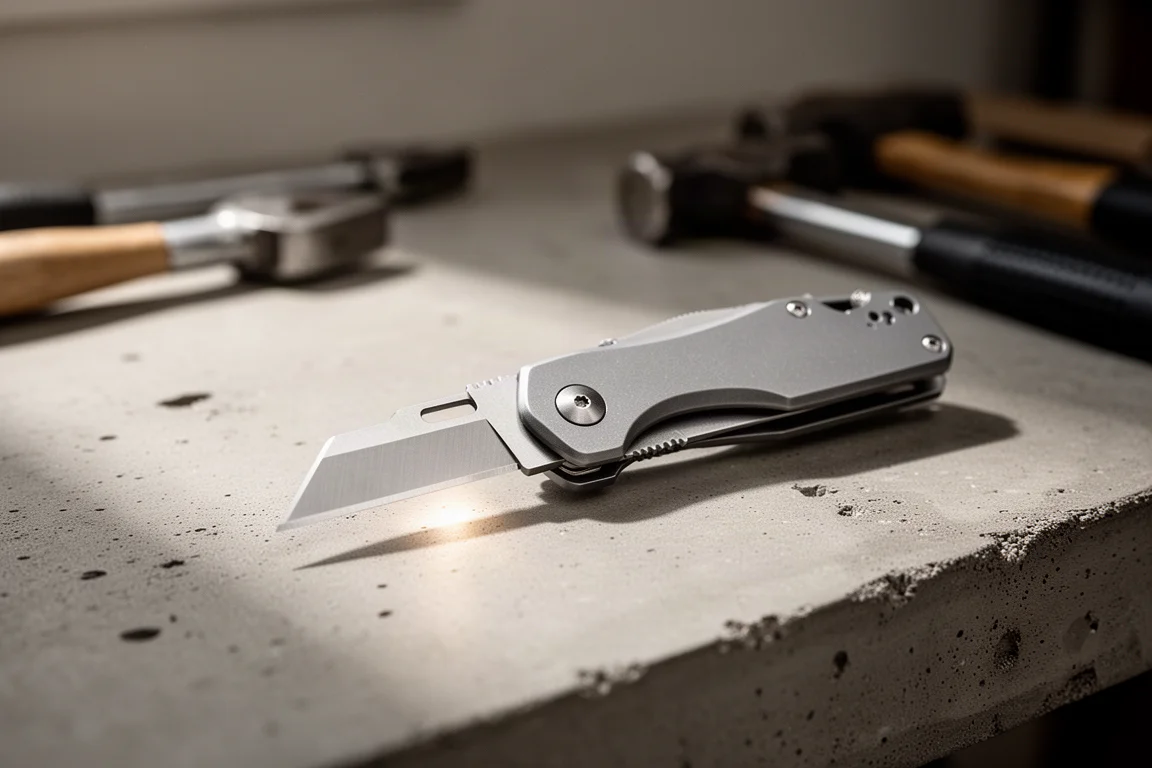 Folding utility knife open on a workbench with a utility blade exposed