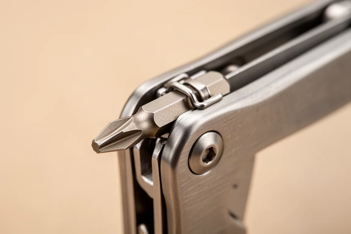 Screwdriver bit held in the jaws of a folding knife driver, aligned with the blade axis