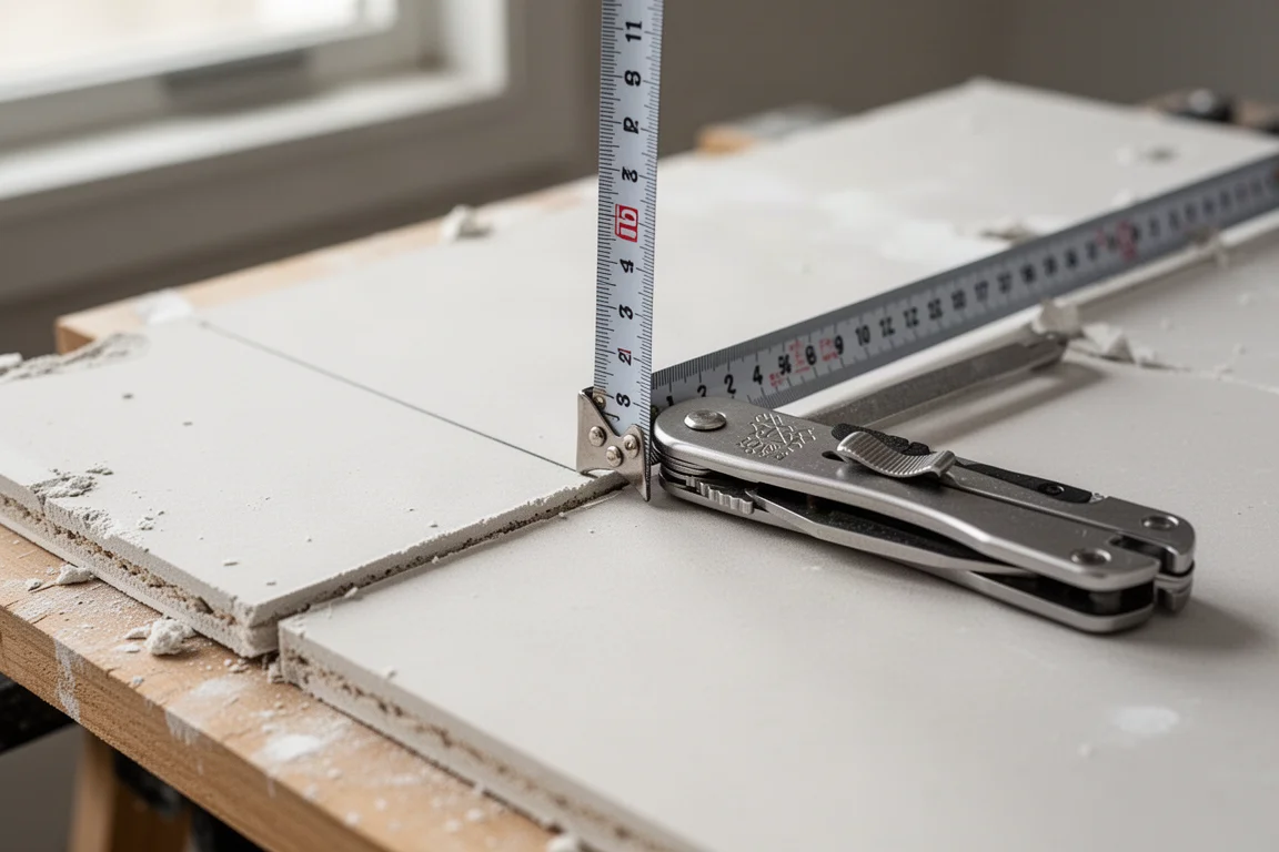 Tape measure edge resting in the notch of a utility knife for guided scoring