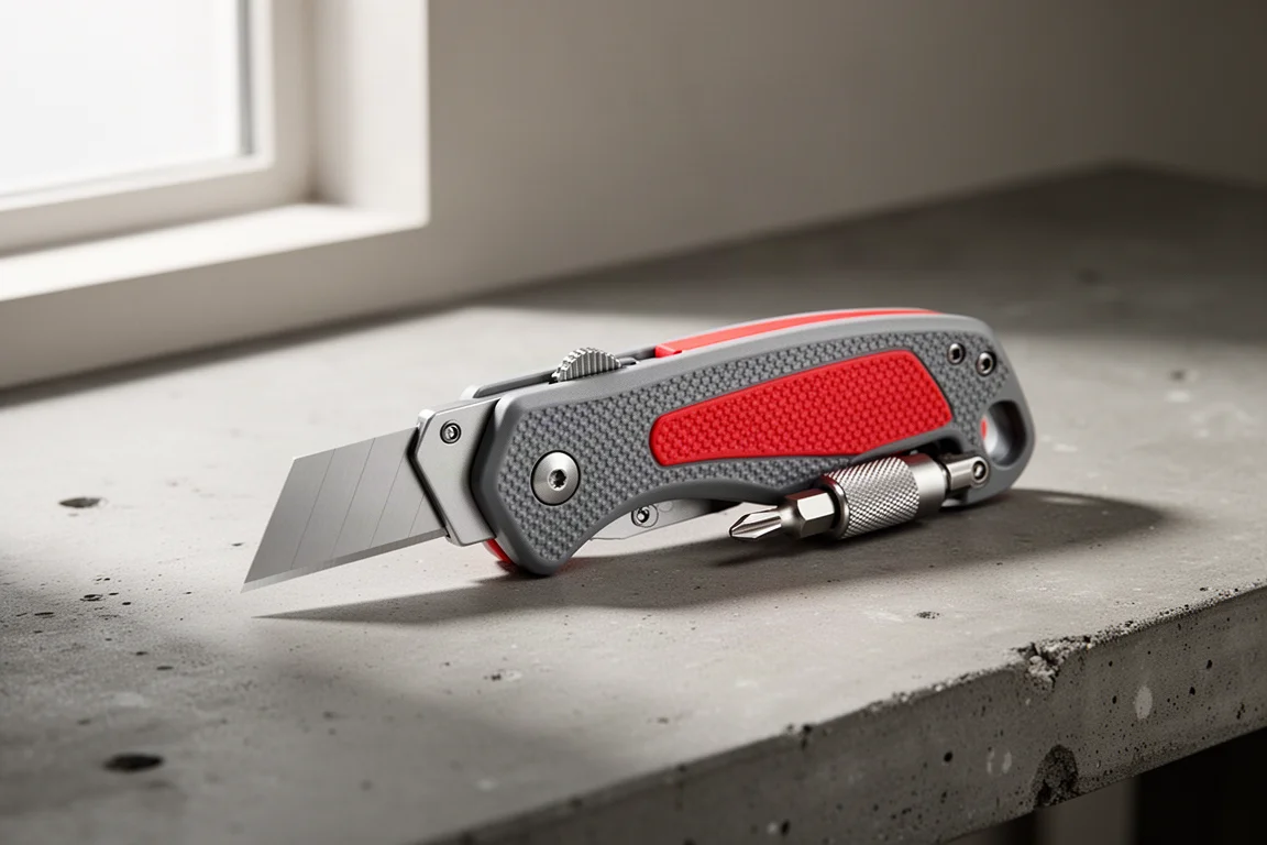 Folding utility knife with bit driver on a concrete workbench