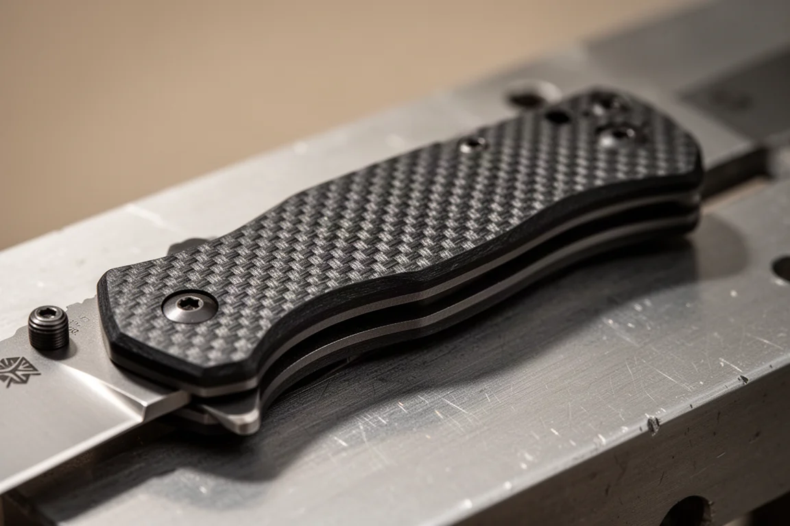 テクスチャード加工されたG10ナイフハンドルのディテールで、グリップ力のある表面仕上げがわかる