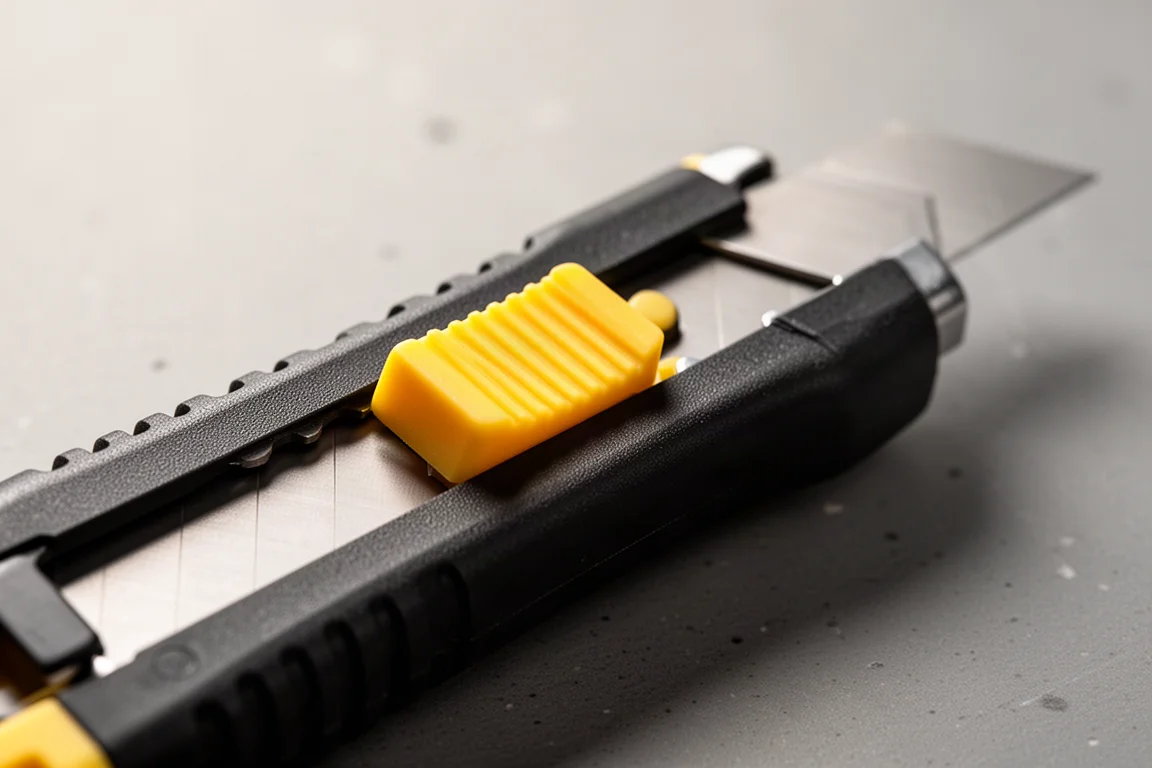 Gros plan sur le bouton de déverrouillage d'un couteau utilitaire avec lame déployée