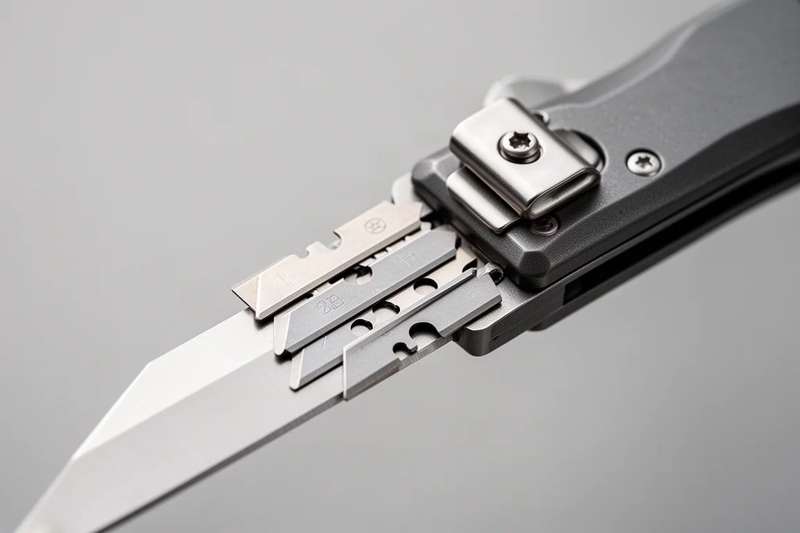 Porte de rangement d'un couteau utilitaire ouvert révélant des lames de rechange maintenues par un clip
