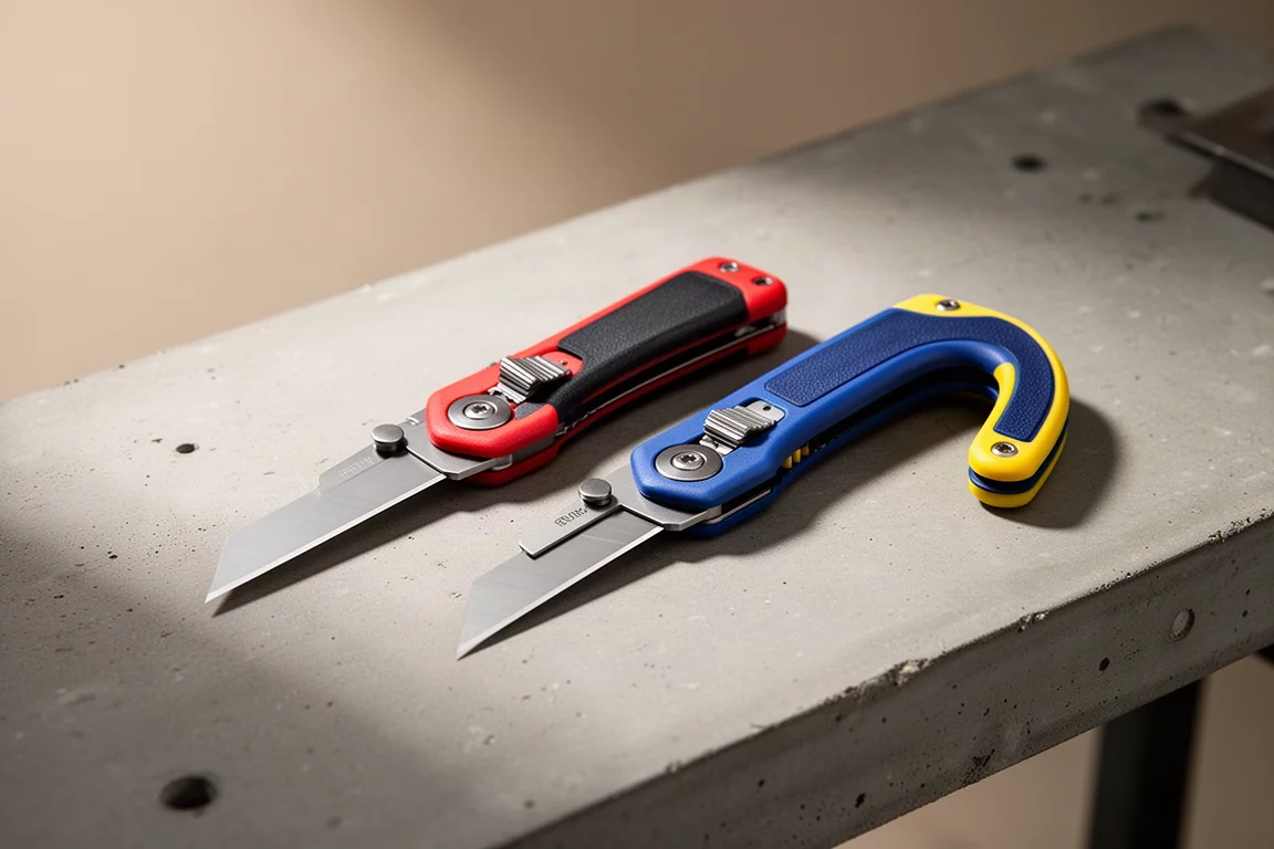 Coltelli utilitari pieghevoli Milwaukee Fastback e Irwin affiancati su cemento