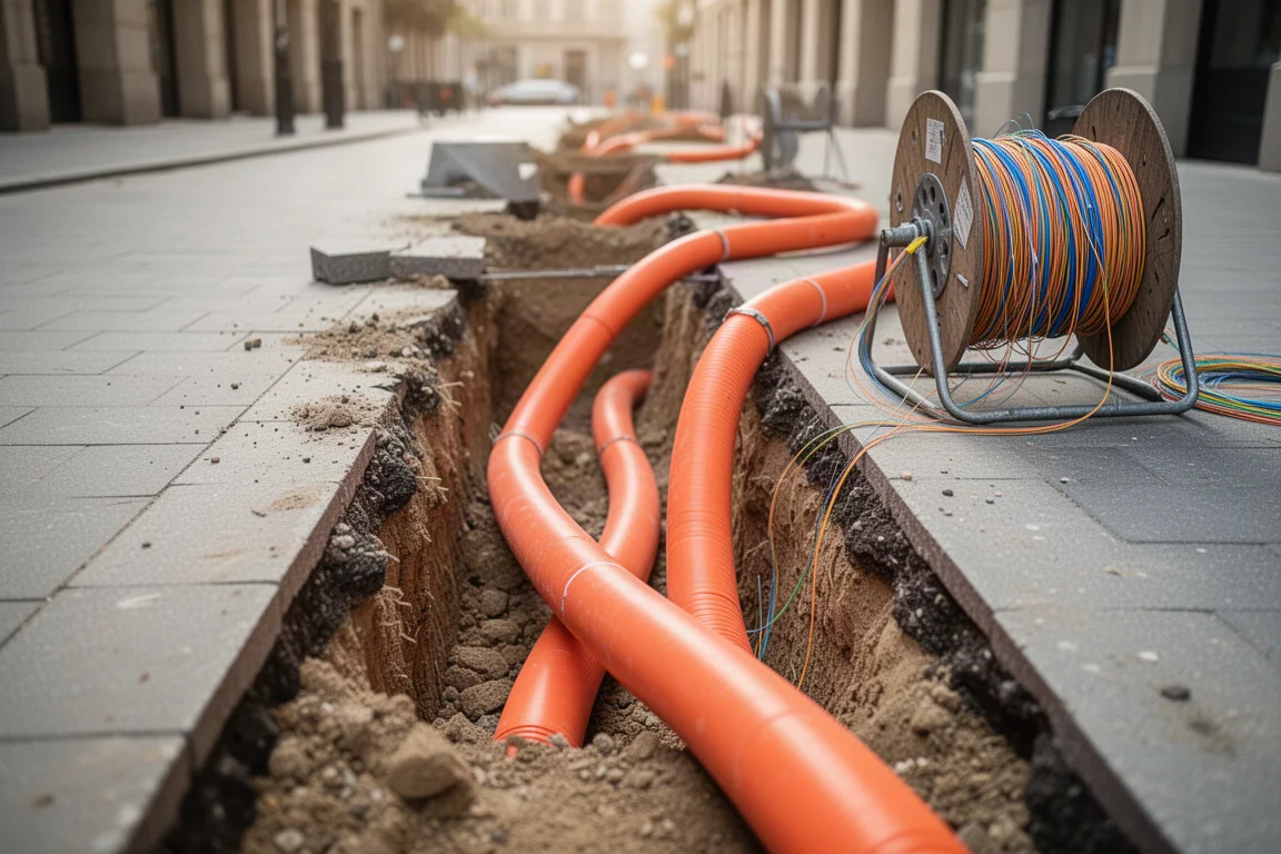 Tubo de conducto naranja brillante para fibra óptica enterrado a lo largo de una zanja en la calle