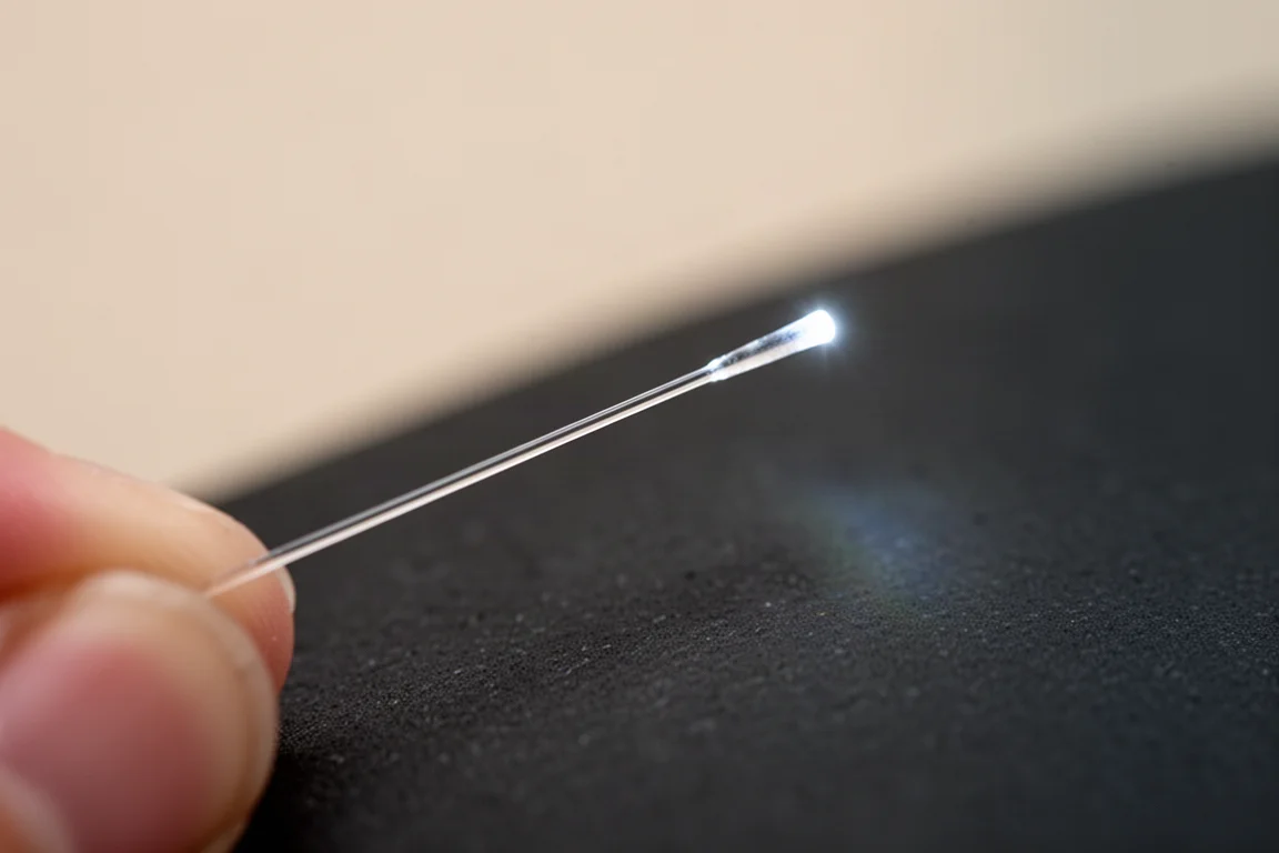 Primer plano de una hebra delgada de fibra óptica sostenida sobre un fondo oscuro para mostrar su escala