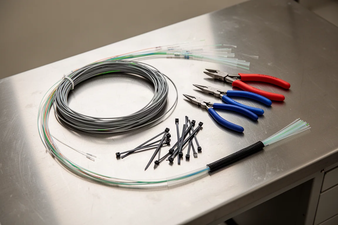 Vista cenital de cable de fibra óptica, peladores y pequeños accesorios de trabajo sobre un banco de trabajo