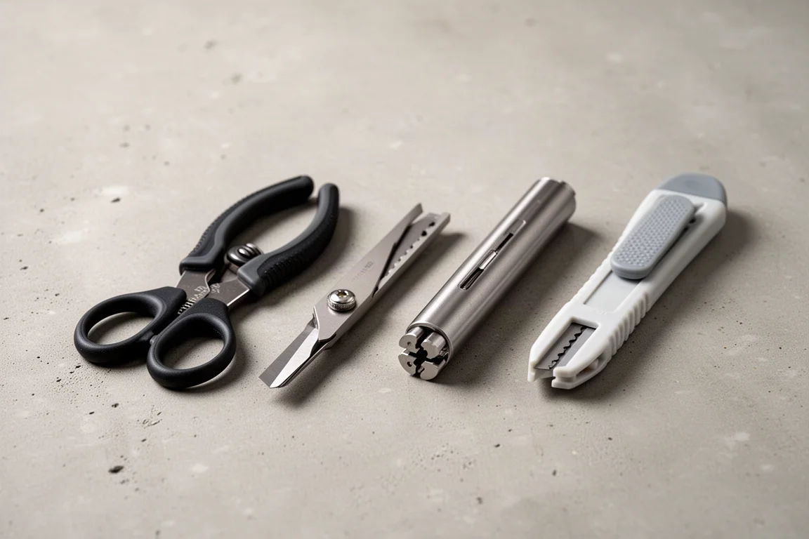 Quattro utensili manuali Milwaukee per fibra ottica disposti in fila su una superficie di cemento