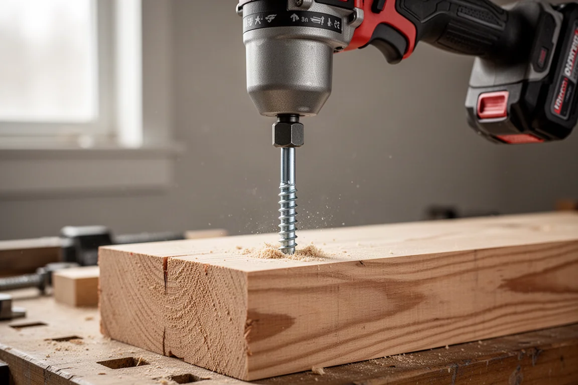 Pistola de impacto inalámbrica insertando un perro grande en un bloque de madera de prueba