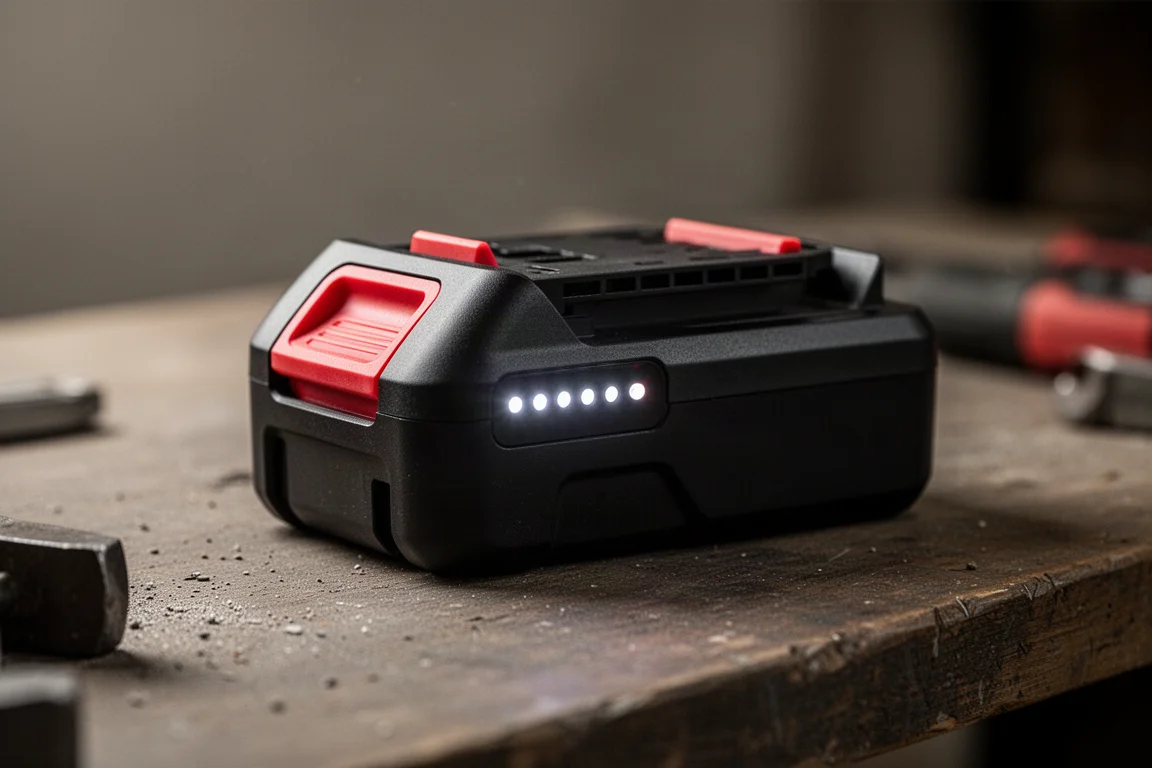 LEDs del indicador de carga de la batería encendidos sobre un banco de trabajo
