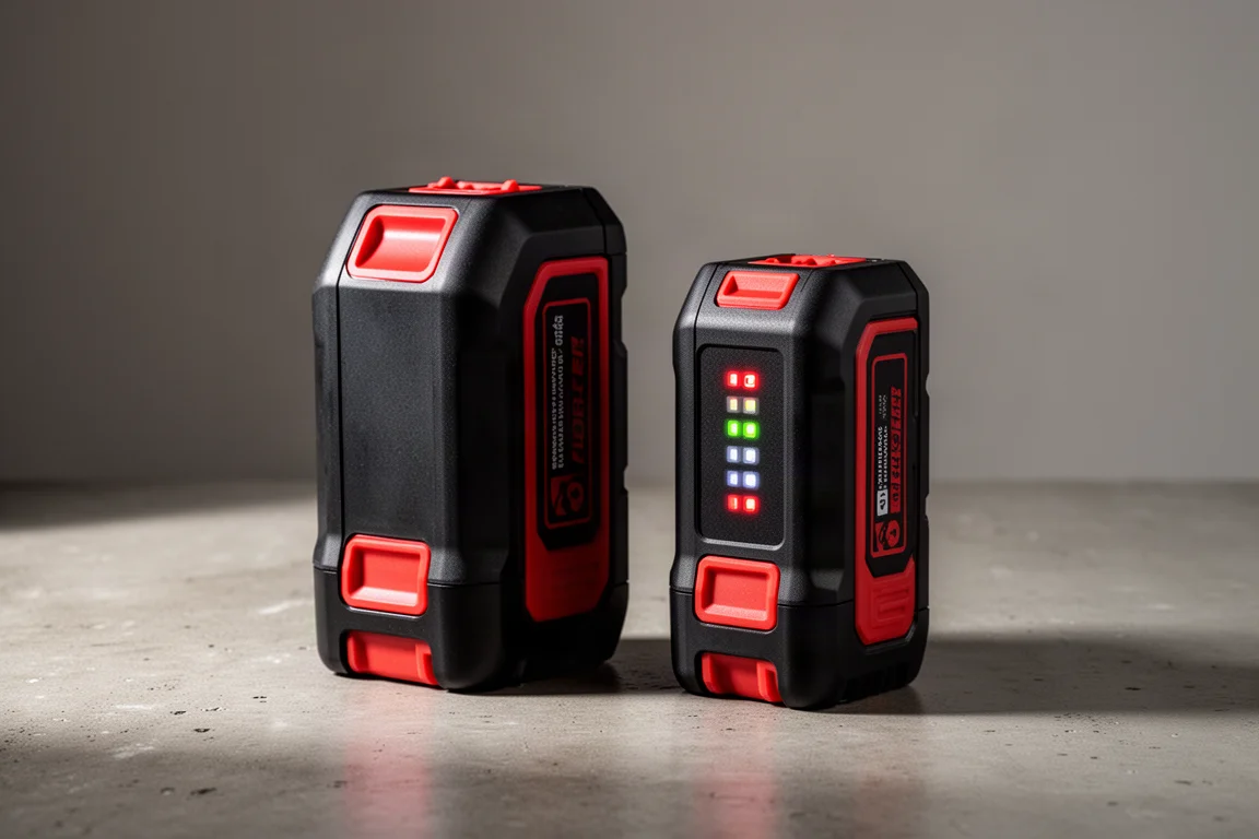 Two Milwaukee-style Forge battery packs standing upright on a concrete surface