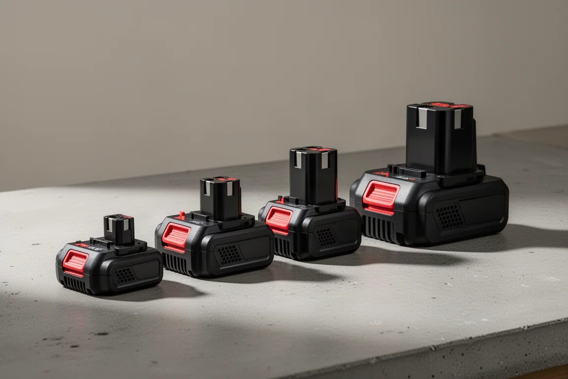 Linea di sei batterie per utensili elettrici a batteria di dimensioni crescenti su cemento
