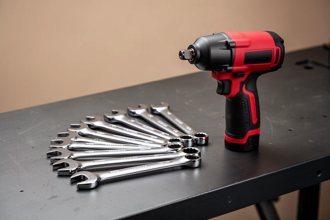 Milwaukee combination wrenches and a compact impact wrench on a workshop bench