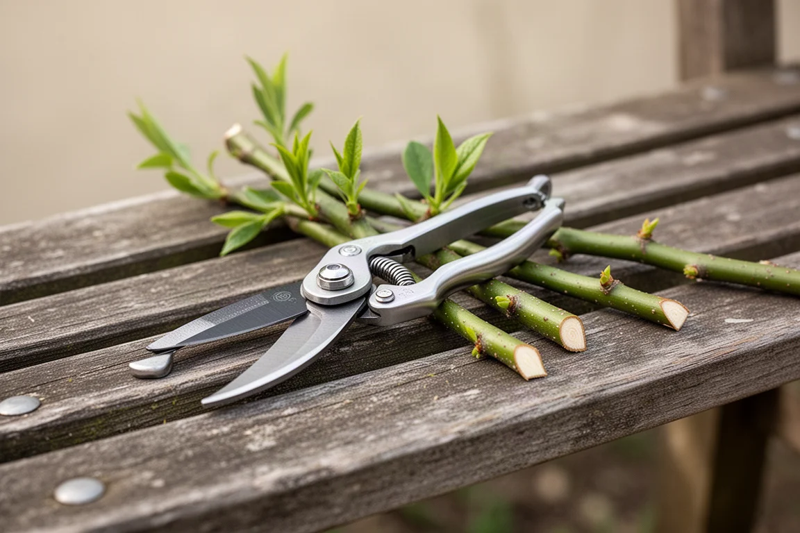 Forbici da potare appoggiate su una panca da giardino in legno accanto a rami appena tagliati