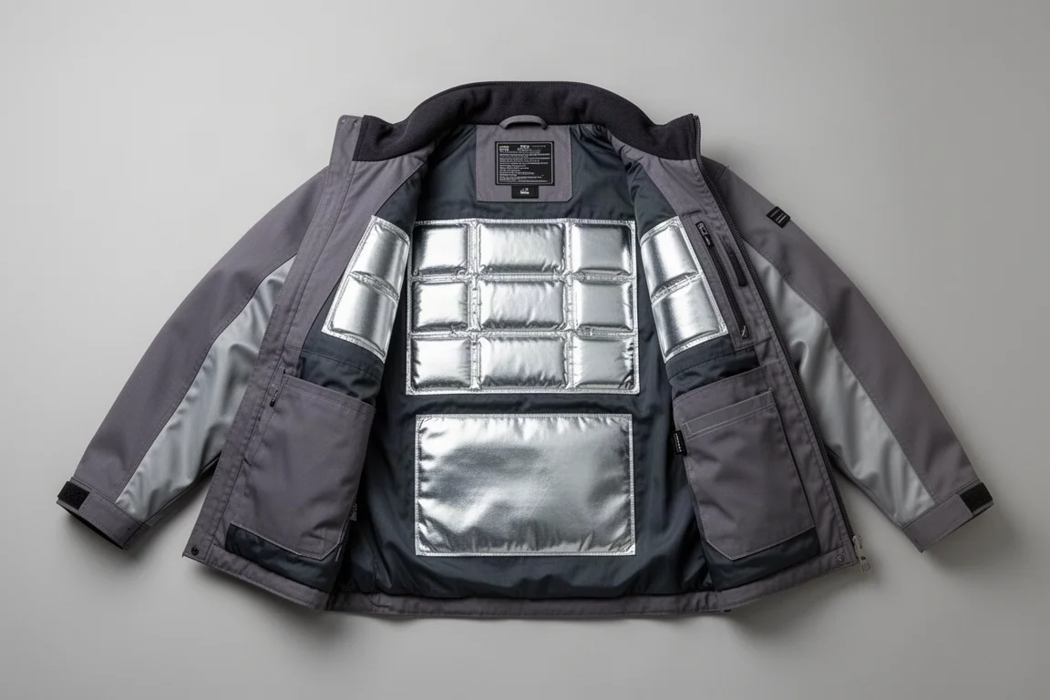 Innenansicht einer beheizten Jacke mit reflektierenden Heizelementen
