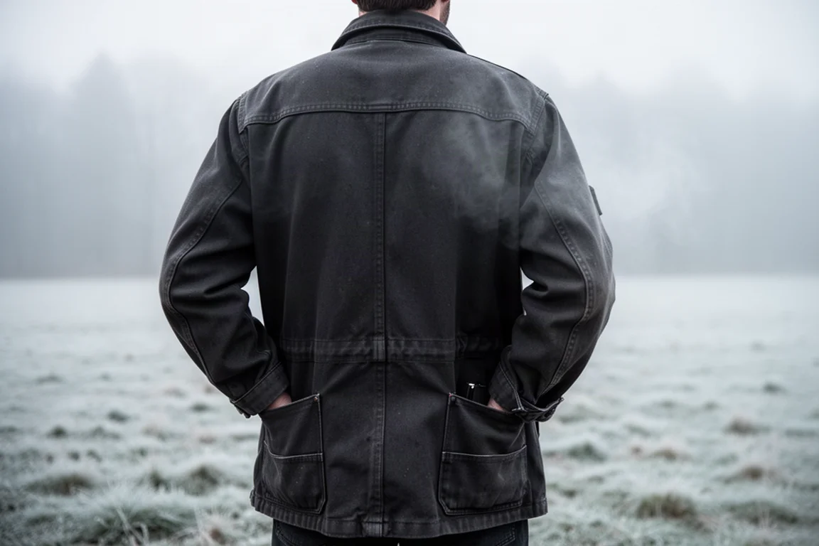 Hände wärmen sich in den Taschen einer beheizten Jacke an einem kalten Baustellenmorgen