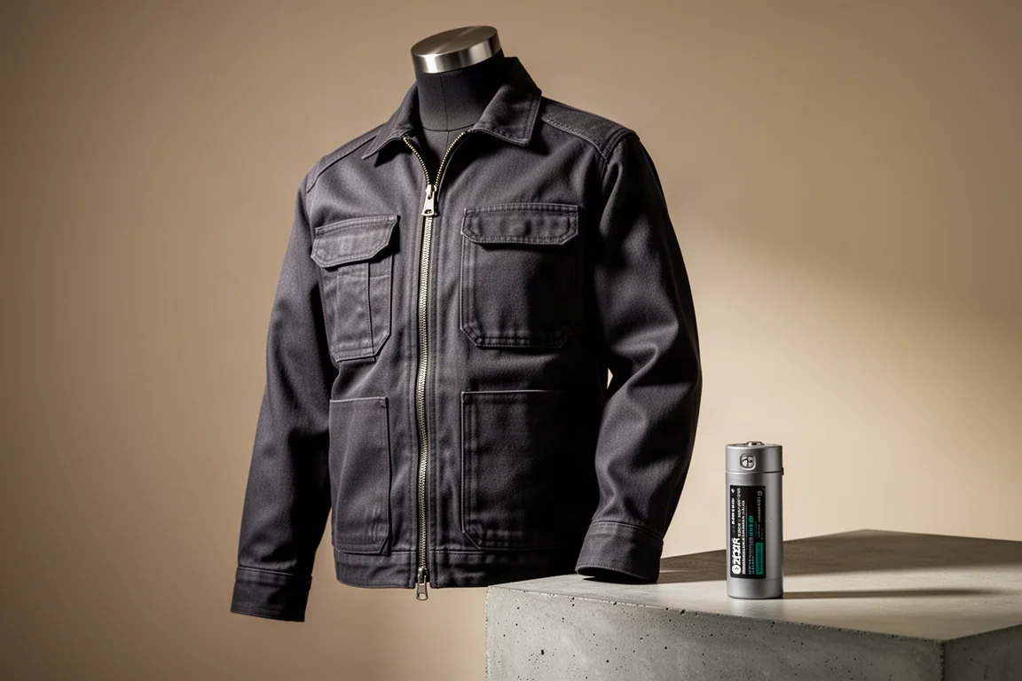 Milwaukee heated work jacket with a compact battery on a concrete surface