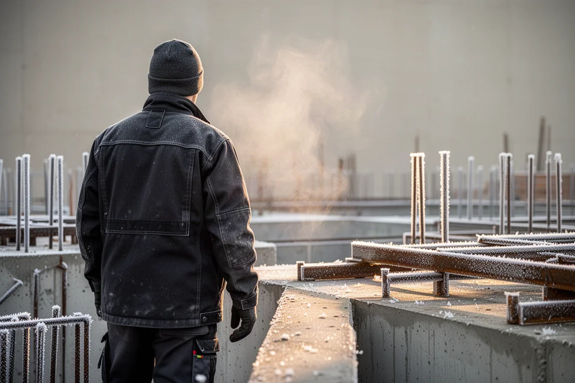 Trabajador con una chaqueta calefactada en una obra fría a primera hora de la mañana