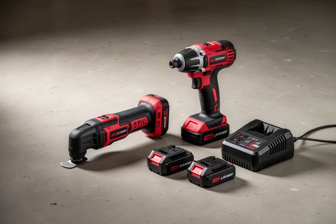 Cordless power tool combo kit with batteries and charger arranged on a workshop floor