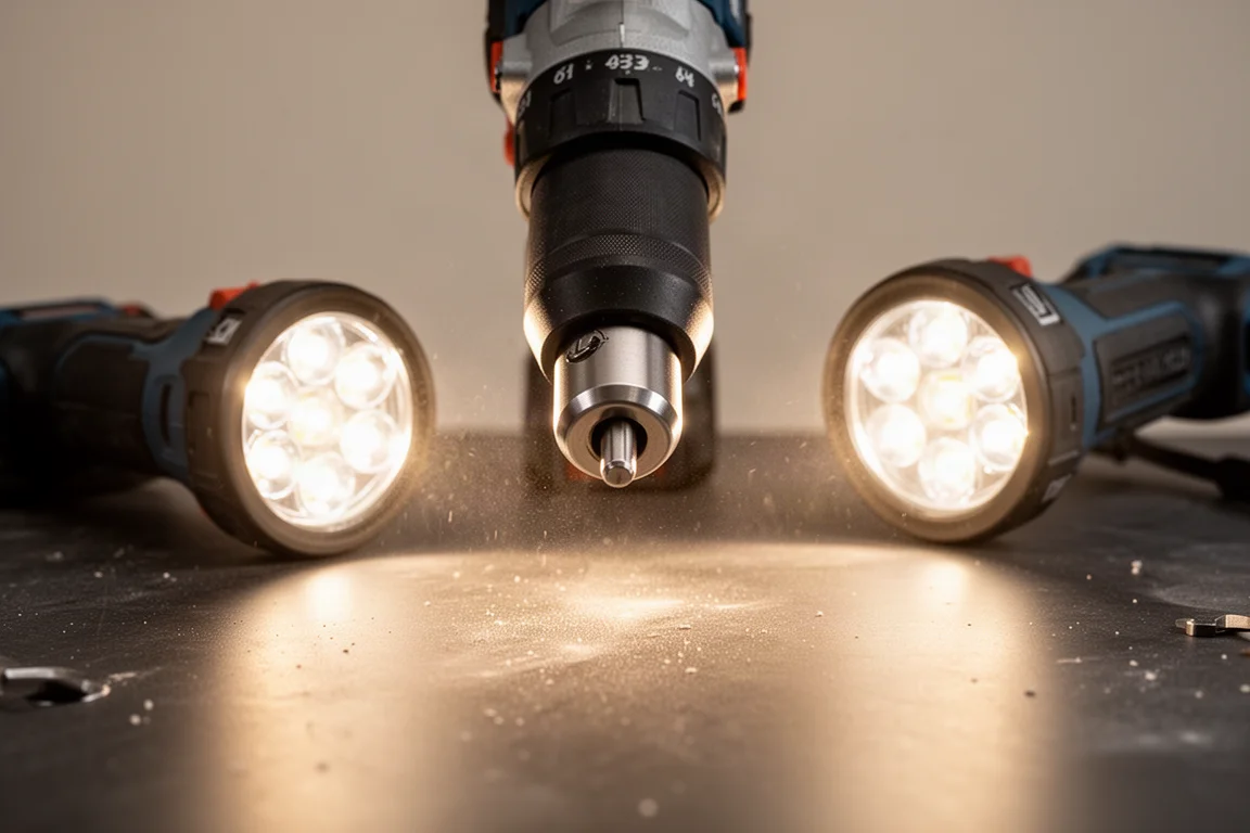 Primo piano delle luci di lavoro tri-LED di un avvitatore a impulso che illuminano una superficie di lavoro
