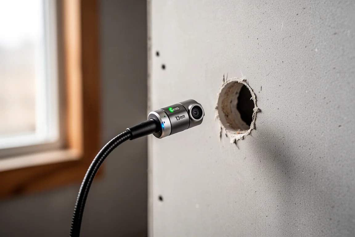 Technicien guidant une caméra d'inspection flexible dans une ouverture dans une cloison sèche