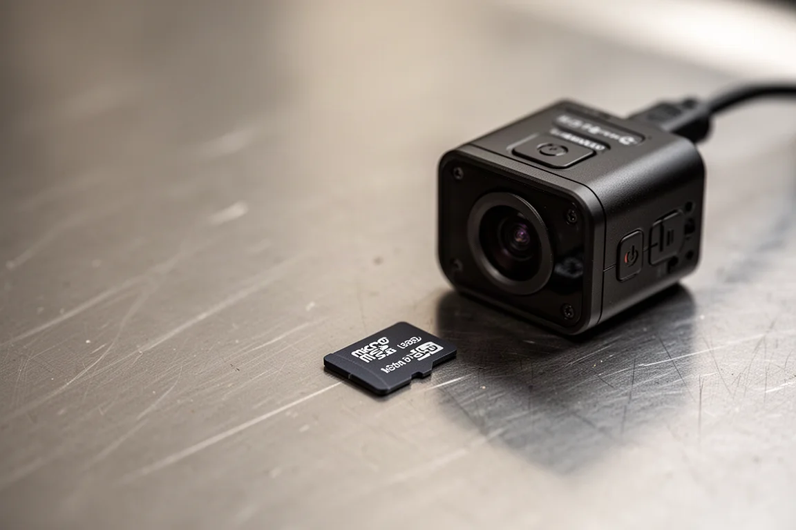 Carte microSD insérée à côté d'une caméra d'inspection sur un établi