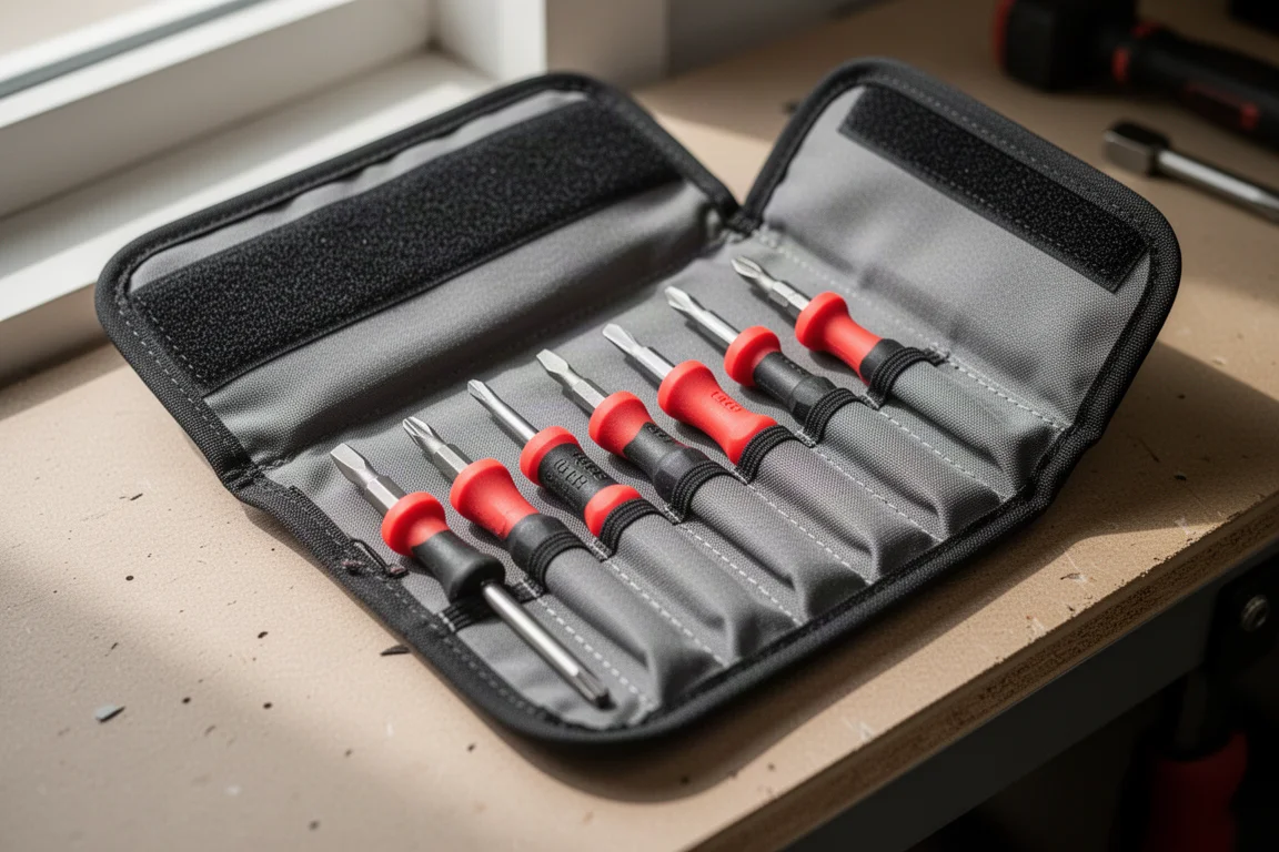 Housse ouverte pour embouts montrant huit embouts de tournevis maintenus en place
