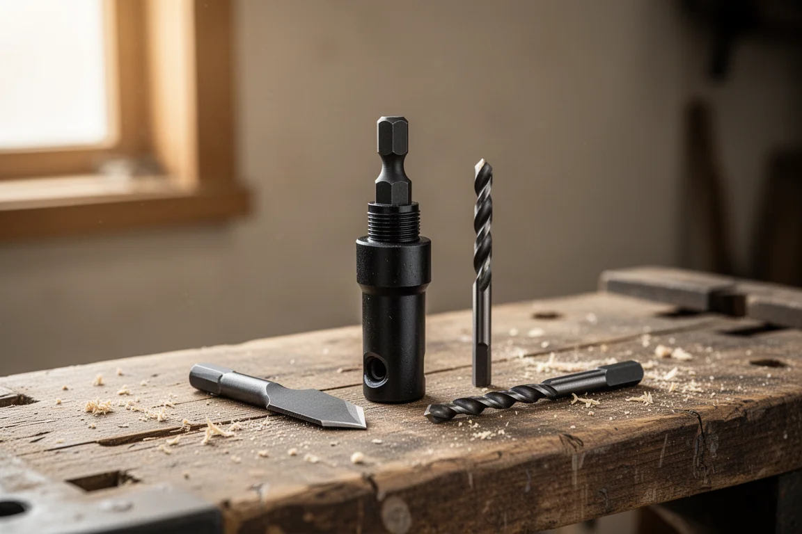 Locking bit holder with a drill bit and spade bit on a wooden workbench