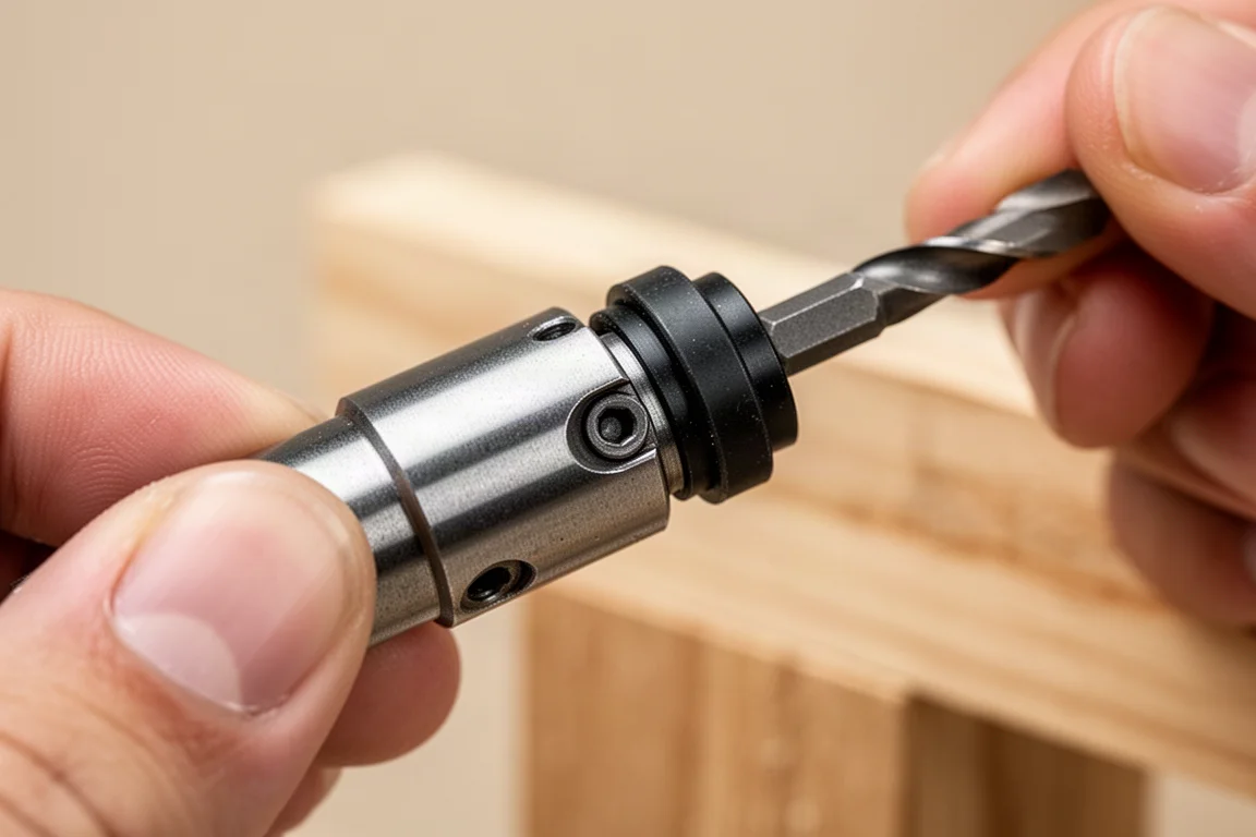 Close-up of a sliding retaining collar on a bit holder being operated