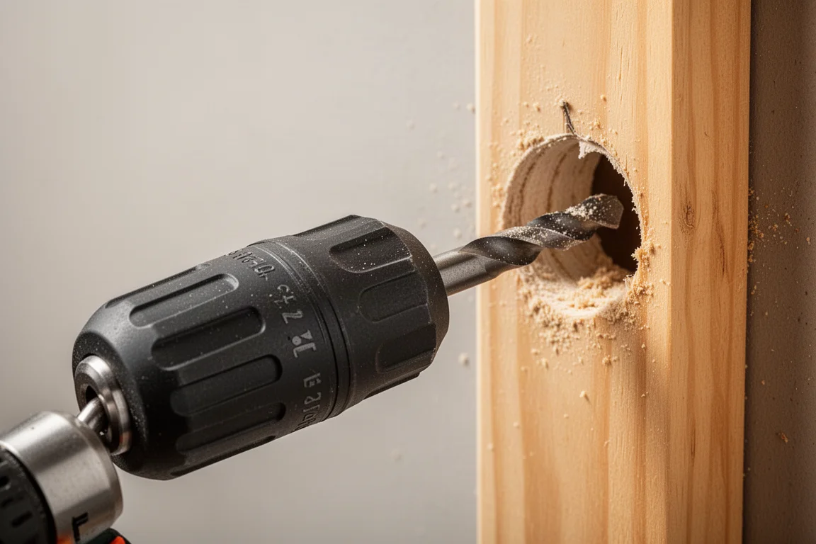 Impact-rated bit holder clamped in a drill next to a wall stud